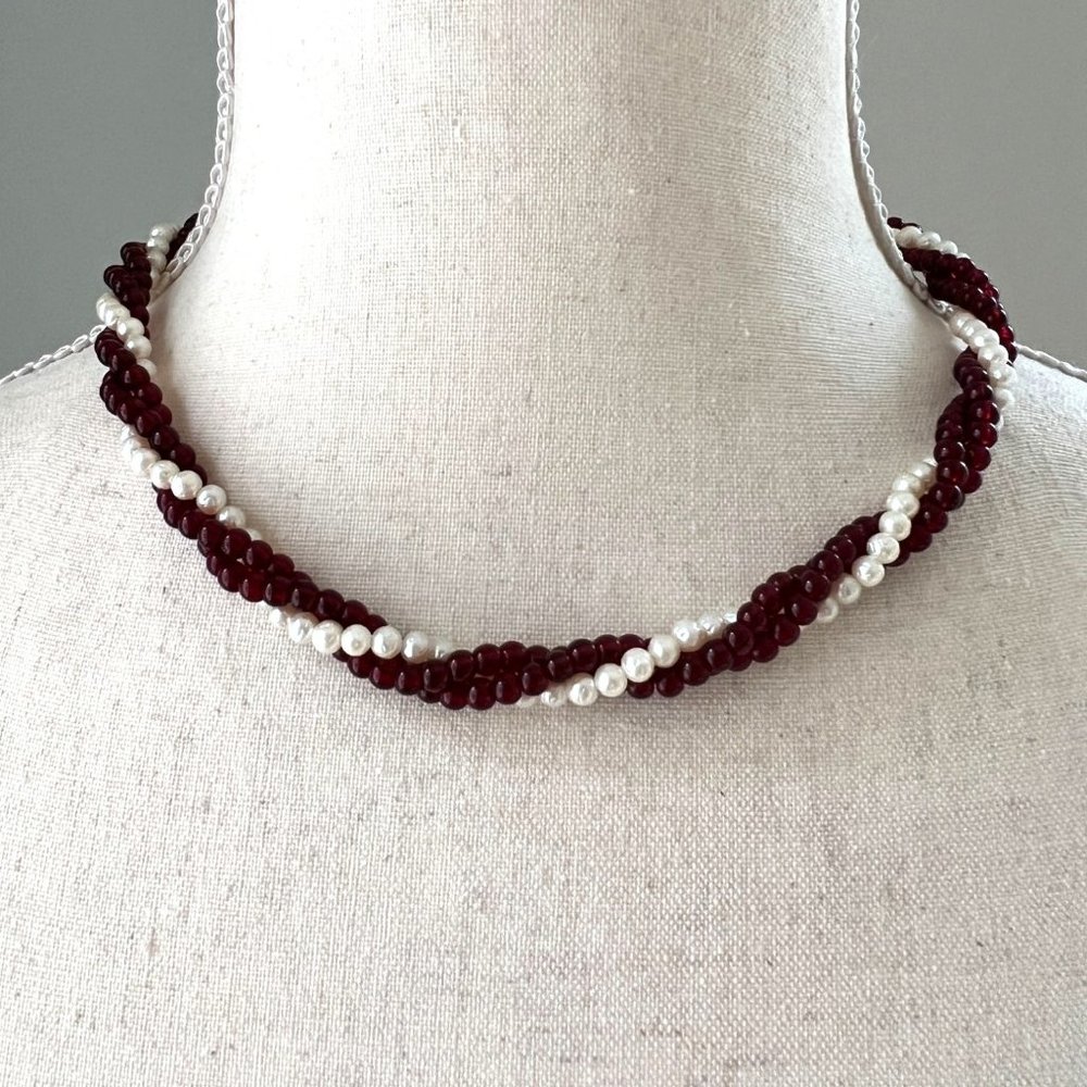 Vintage Twisted Faux Garnet and Pearl Bead Choker Torsade Necklace